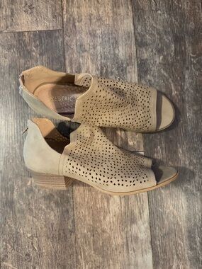 Restricted Taupe Perforated Peep-Toe Mule with Low Heel